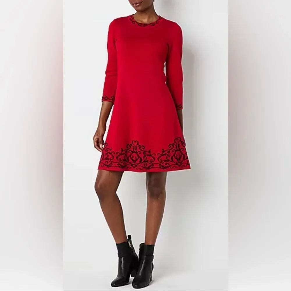 NWT SZ S Jessica Howard 3/4 Sleeve Red w/Black Scroll Sweater Dress